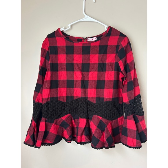 Red Black Plaid Top Tizzie XS Long Sleeve Peplum Lace Trim Blouse Shirt - Picture 1 of 5
